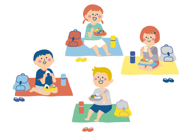 孩子们在野餐时吃午餐的插图图片下载