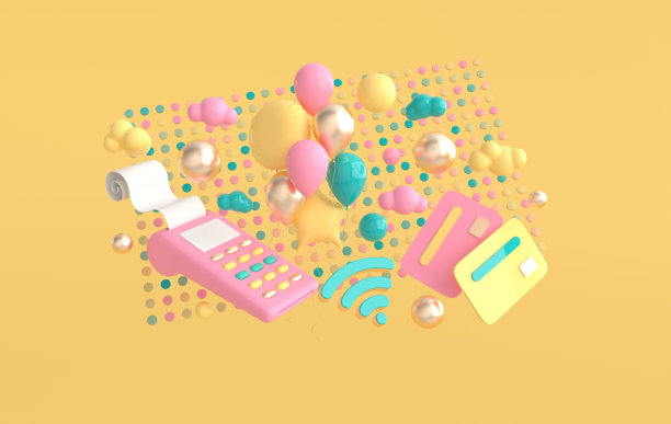 POS终端，信用卡，气球，wifi符号，云。网上购物和交付概念3d渲染图片下载