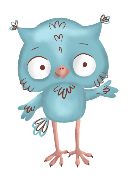 可爱的蓝色猫头鹰，可爱的卡通猫头鹰剪纸，手绘数字颜色，彩色明亮的插图孤立在白色背景，图片下载
