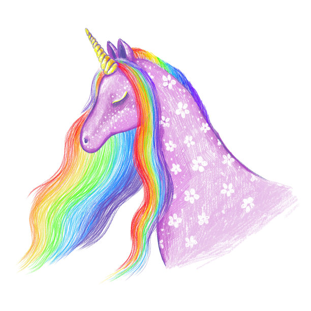一个美丽的独角兽的肖像与彩虹鬃毛手绘彩色铅笔，明亮的彩色插图孤立在一个白色的背景，铅笔素描图片下载