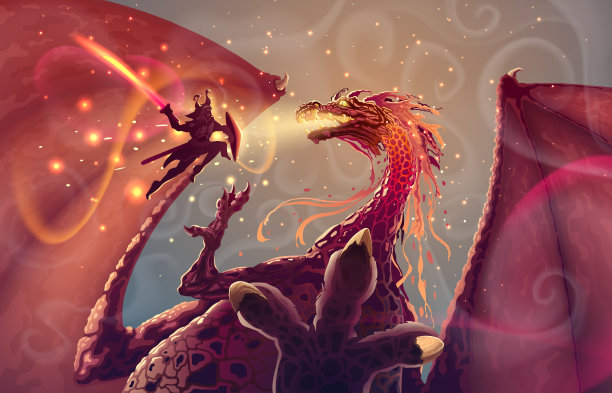 勇敢的武士用剑攻击飞行中的日本龙，用战士和爬行怪物战斗的幻想插图。神奇的亚洲景观与喷火龙和战士剪影。图片下载