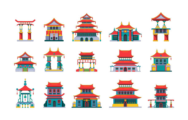 亚洲的建筑。中国传统宫殿古宅宝塔建筑古色古香的矢量平面图集图片下载