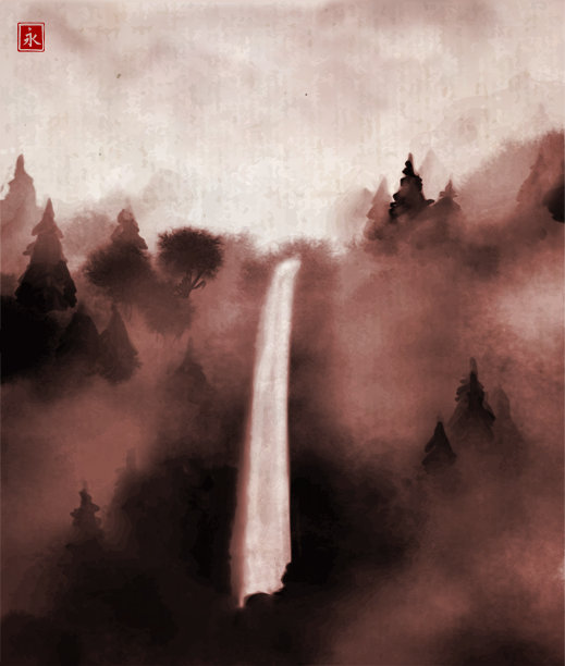 中国古典风格的瀑布和树林景观。传统东方水墨画梅花、梅花、梅花。象形文字的翻译-永恒。墨水洗绘画。图片下载