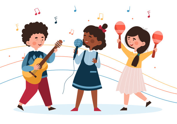 三个小孩在玩音乐和唱歌图片下载