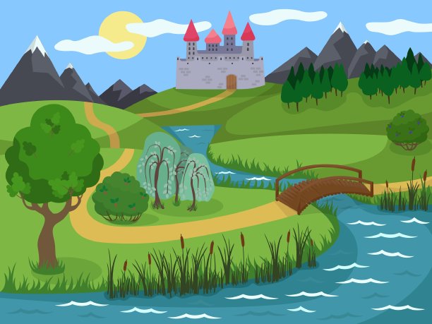 卡通景观有山丘、山脉、河流和道路图片下载