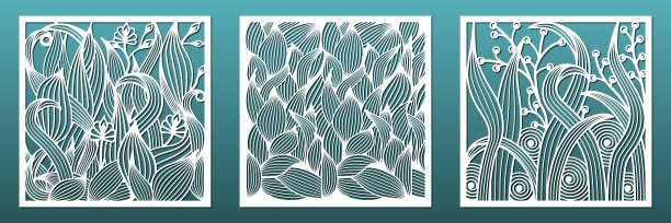 激光切割与花卉图案面板。为室内设计，墙壁艺术装饰，房间分隔屏幕的一套模板。木材或金属切割和雕刻，雕花模板。矢量图图片下载