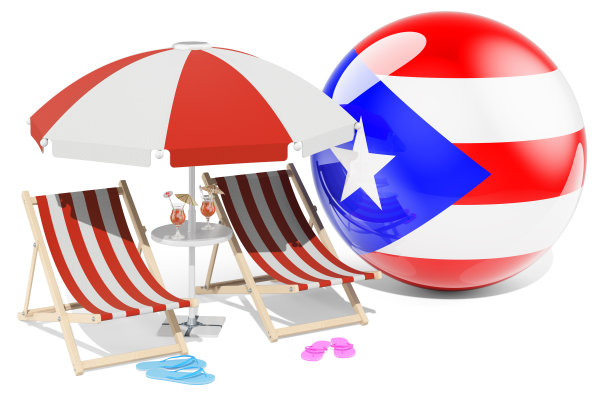 波多黎各度假村，波多黎各度假，旅游，旅游套餐的概念。在白色背景上隔离的3D渲染图片下载