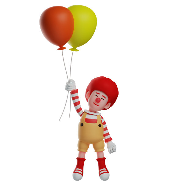 小丑男孩卡通插图与红色和黄色的气球图片下载