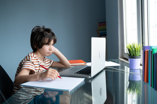 小学生在家上学的照片图片下载