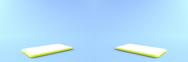 3 d渲染。蓝色地板上的黄色智能手机。手机放在地上。而智能手机白屏可用于商业广告，孤立于蓝色背景，插画。图片下载