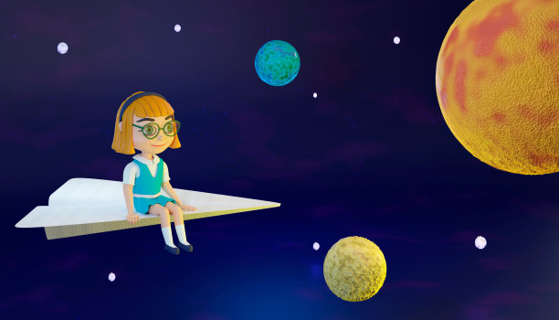 一个女学生正在纸飞机上飞行。教育和返校观念图片下载