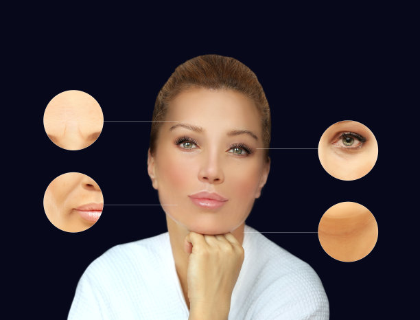 整形手术的结果。皱眉/皱眉线，鼻唇沟，颈部，眼圈下，颈部线。图片下载