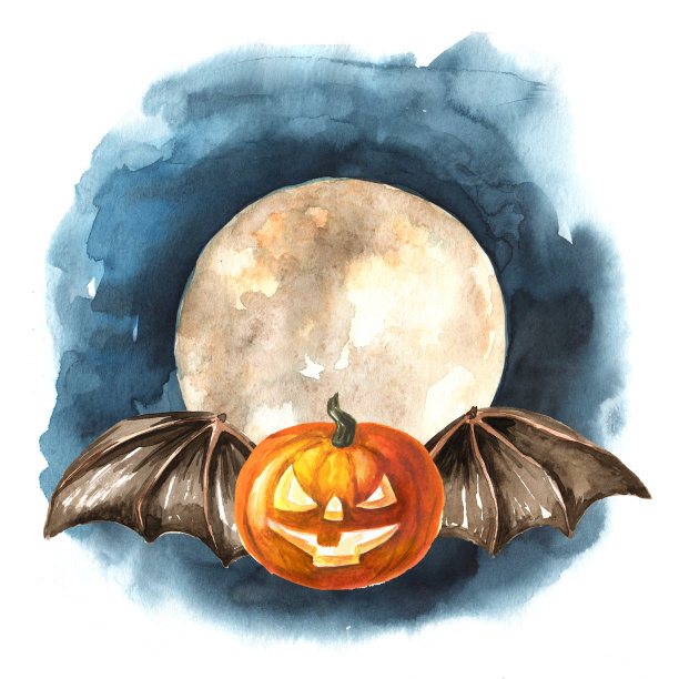 万圣节南瓜与蝙蝠翅膀的背景，满月，节日的概念。模板。手绘水彩插图图片下载