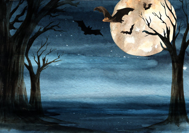 满月在黑暗的天空，夜森林。万圣节恐怖背景和模板。手绘水彩插图图片下载