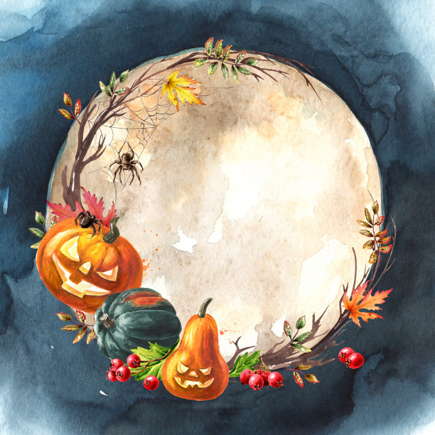 万圣节南瓜圆圆的框架以满月为背景，节日概念。手绘水彩插图图片下载