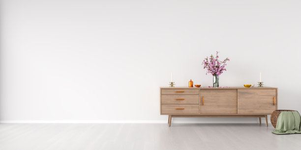室内场景:木制餐具柜，上面有樱花、碗和蜡烛。硬木地板上的柳条篮子。3d渲染-网页横幅大小与大量的复制空间图片下载