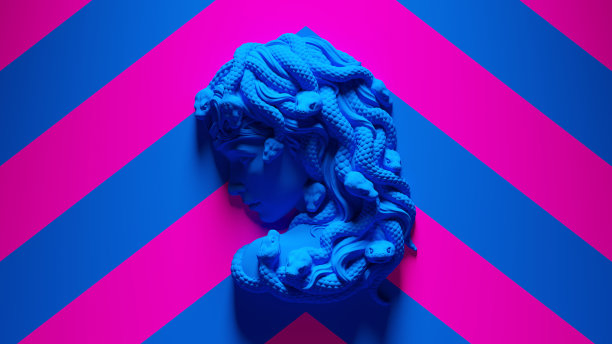 蓝色的美杜莎神话女性蛇发女怪安装胸像与蓝色一个粉红色的Chevron图案背景图片下载