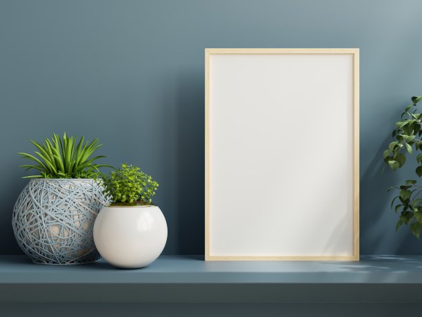 极简主义海报模型与植物，深蓝色墙壁和架子。图片下载