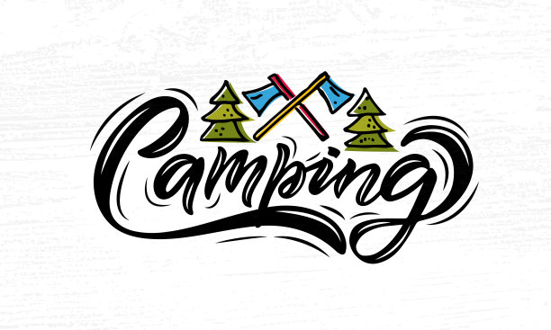 手绘露营字体印刷。概念远足露营，露营，夜间钓鱼露营，夏令营。露营标志，徽章，图标。露营标志，旗帜，传单图片下载