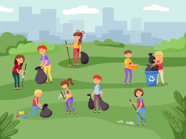 人们清理城市公园，把垃圾放进袋子里图片下载