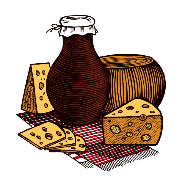 静物与一个锅，奶酪头，奶酪片和切片，矢量插图。农产品的集合。图片下载
