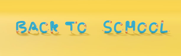 用黄色背景上的铅笔写“回到学校”。3 d演示。图片下载