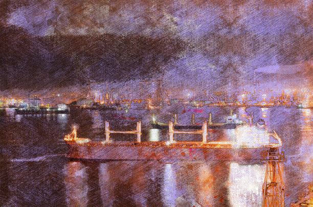 数字水彩画一艘摩托艇航行的夜晚图片下载