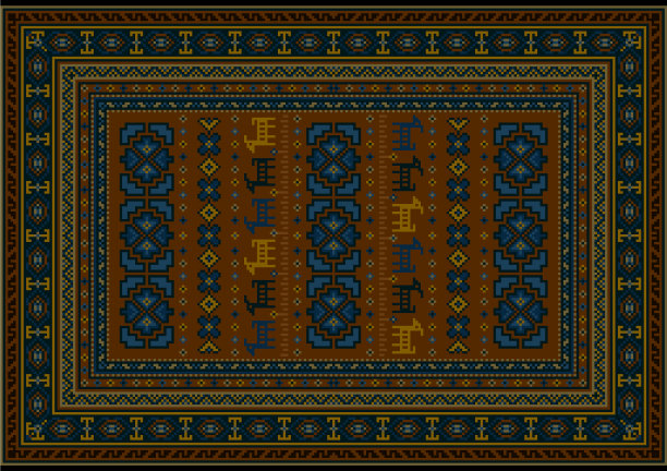 棕、蓝、黄相间，有鹿和花的地毯图片下载