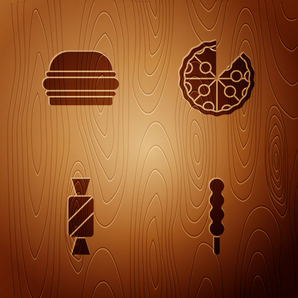 把棒棒糖汉堡糖和披萨放在木头上图片下载