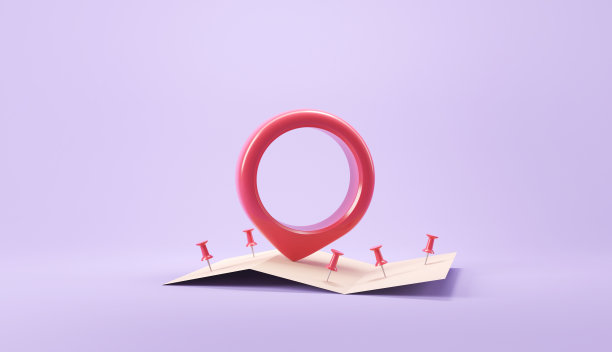 3d红色地图指针针与地图。紫色背景上的位置符号。图片下载