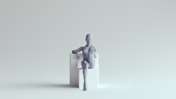 亚洲妇女坐在一块椅子与她的脚在空中姿势蓝色女性雕塑正面视图图片下载