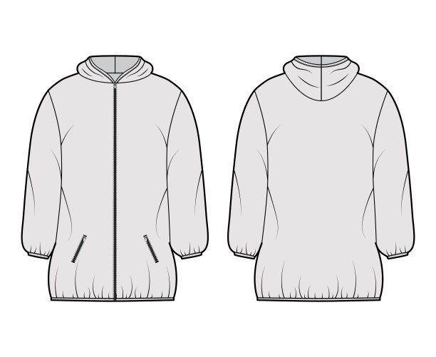 羽绒服外套技术时尚插图与长袖，帽衫领，拉链关闭，大腿长度图片下载