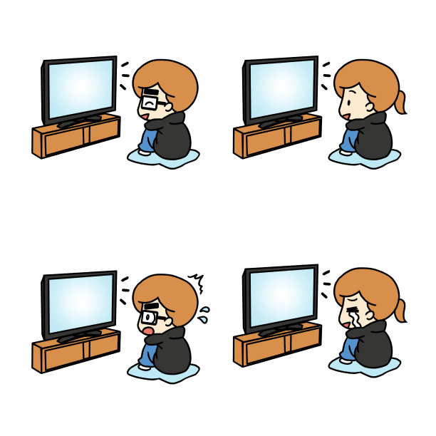 微笑看电视的人和惊讶看电视的人的插画图片下载