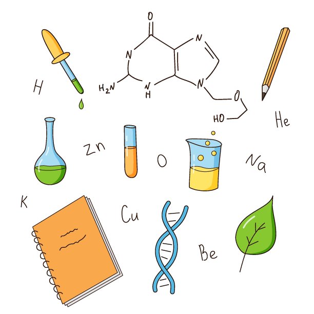 化学和生物元素集合。铭文、设备、DNA。彩色独立插图在卡通风格上的一个白色。图片下载