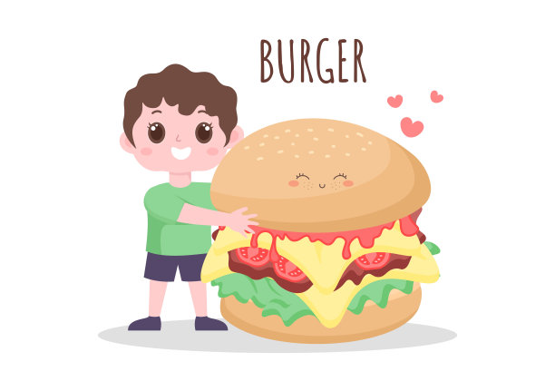 一个孩子正在吃快餐背景矢量插图食品汉堡，比萨饼，甜甜圈，炸薯条，热狗或可乐。平面风格设计中的美味形象餐图片下载
