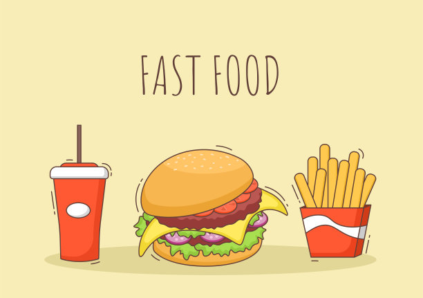 可爱的汉堡，炸薯条和可乐快餐背景矢量插图与清新的成分。平面风格设计中的美味形象餐图片下载