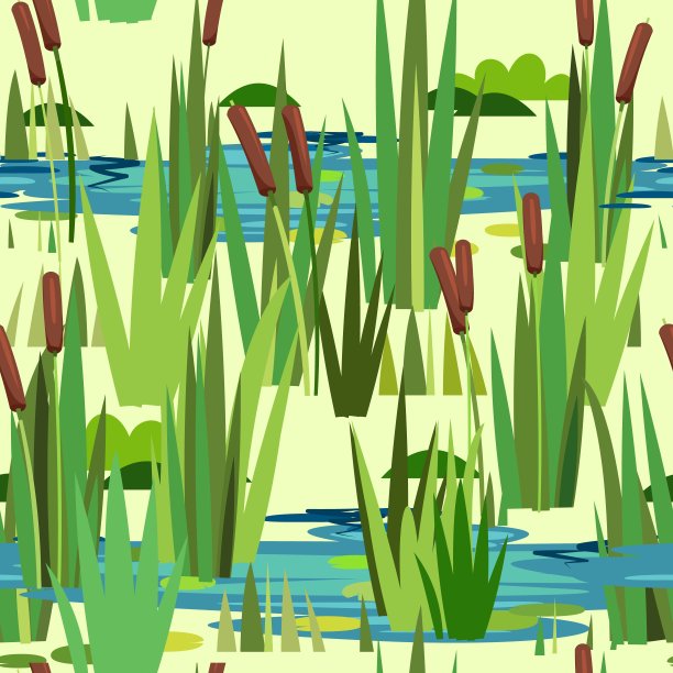 带水库的景观。无缝模式。植物，草，芦苇和香蒲。小沼泽、池塘、湖或水坑。Miltic设计平直风格。说明向量图片下载