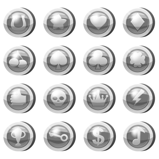 一套游戏应用银币。银色图标星星，心，梅花心，手鼓，黑桃，三叶草，橹，皇冠，螺栓，樱桃，关键符号游戏UI，游戏赌博。矢量图图片下载