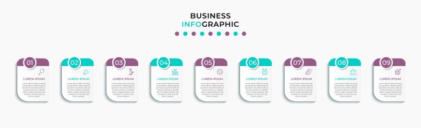 带有图标和9个选项或步骤的矢量信息图形设计业务模板。可用于流程图，演示文稿，工作流布局，横幅，流程图，信息图图片下载