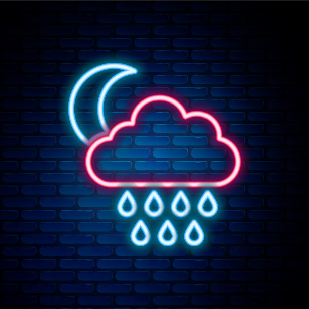 发光的霓虹线云与雨和月亮的图标图片下载