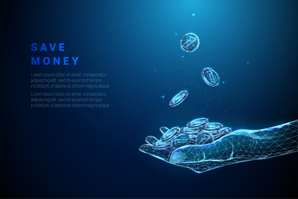 抽象蓝递手一堆硬币，硬币掉在里面图片下载