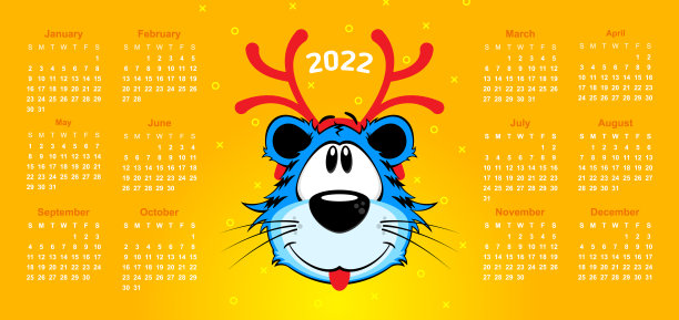 黄色背景的2022年新年快乐日历。卡通蓝老虎与红色的圣诞鹿角图片下载