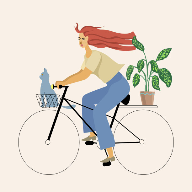 女孩骑着一辆自行车，带着一只猫和一株植物。程式化的矢量插图。图片下载