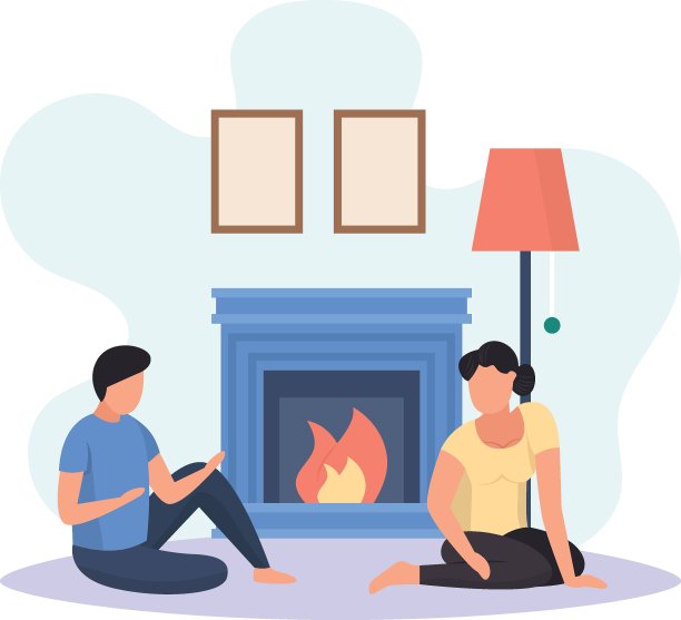 夫妇坐在壁炉前的概念，冬季假期或度假矢量图标设计，每周假期活动符号，星期休息日标志，懒惰的周末人股票插图图片下载
