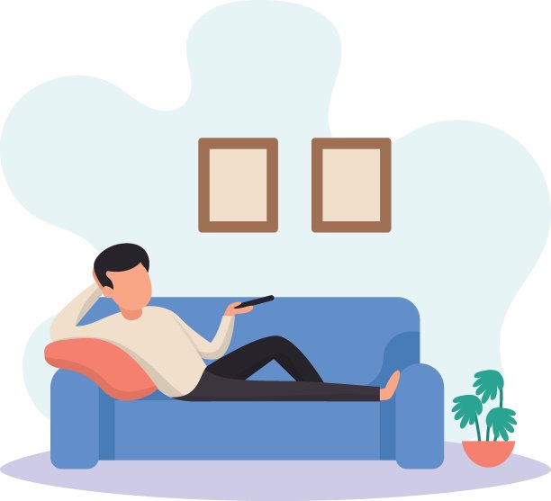 男人躺在沙发上看电视在家里的概念，享受假期出城矢量图标设计，每周假期活动符号，星期休息日标志，懒惰周末的人股票插图图片下载