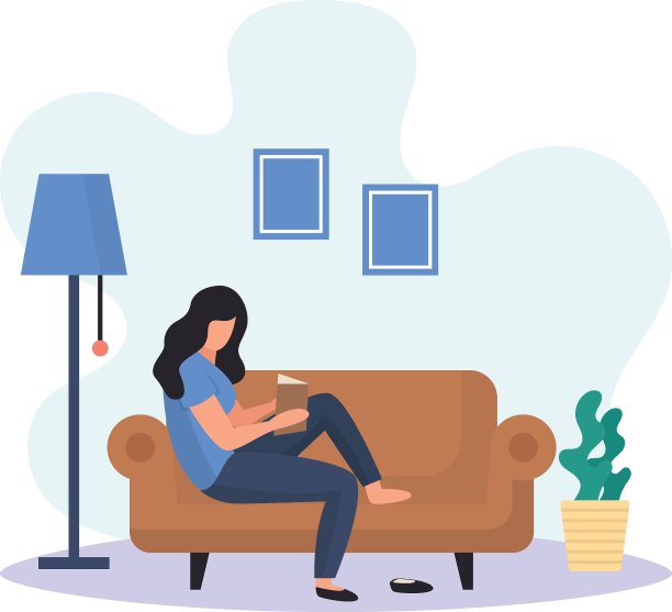 十几岁的女孩坐在沙发上看书的概念，女人躺在沙发矢量图标设计，每周假期活动符号，星期休息日标志，懒惰的周末人股票插图图片下载