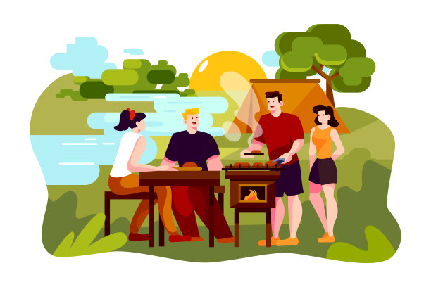 一群男人和女人享受露营野餐和烧烤在湖与帐篷的背景图片下载