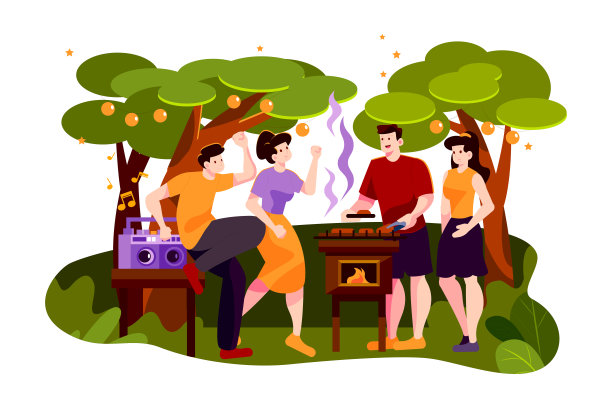 一群朋友在户外烧烤派对上跳舞图片下载