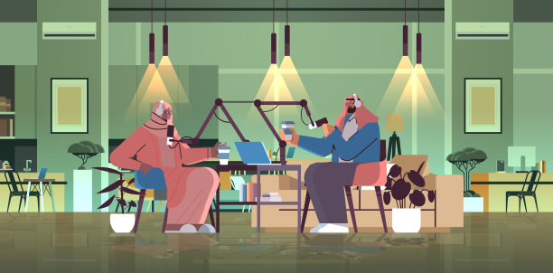 阿拉伯播客对着麦克风录音播客在工作室播客在线广播概念图片下载