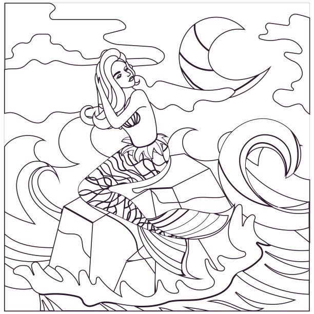 孤立的美丽美人鱼坐在岩石上的卡通设计风格，矢量美人鱼，海，波浪，月亮和岩石上的白色孤立的背景，童话的概念，抗压力活动和色彩。图片下载